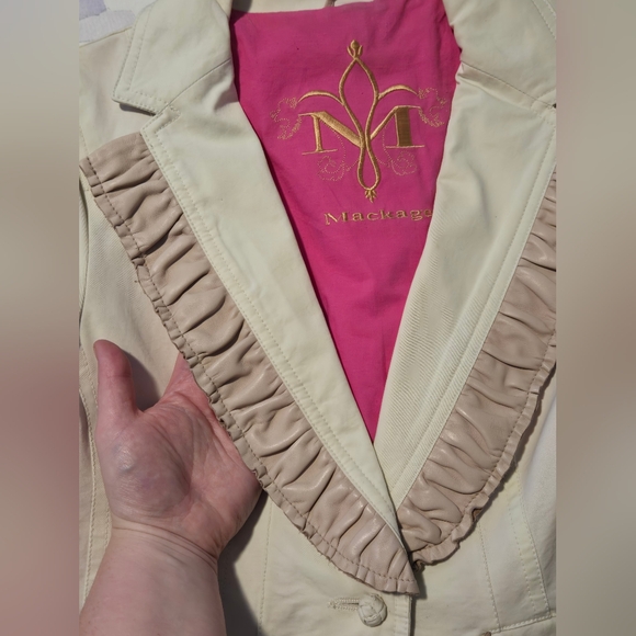 Vintage 00s Mackage Cotton Leather Lined Blazer with Ruffled Trim & Corset Back - Picture 3 of 8